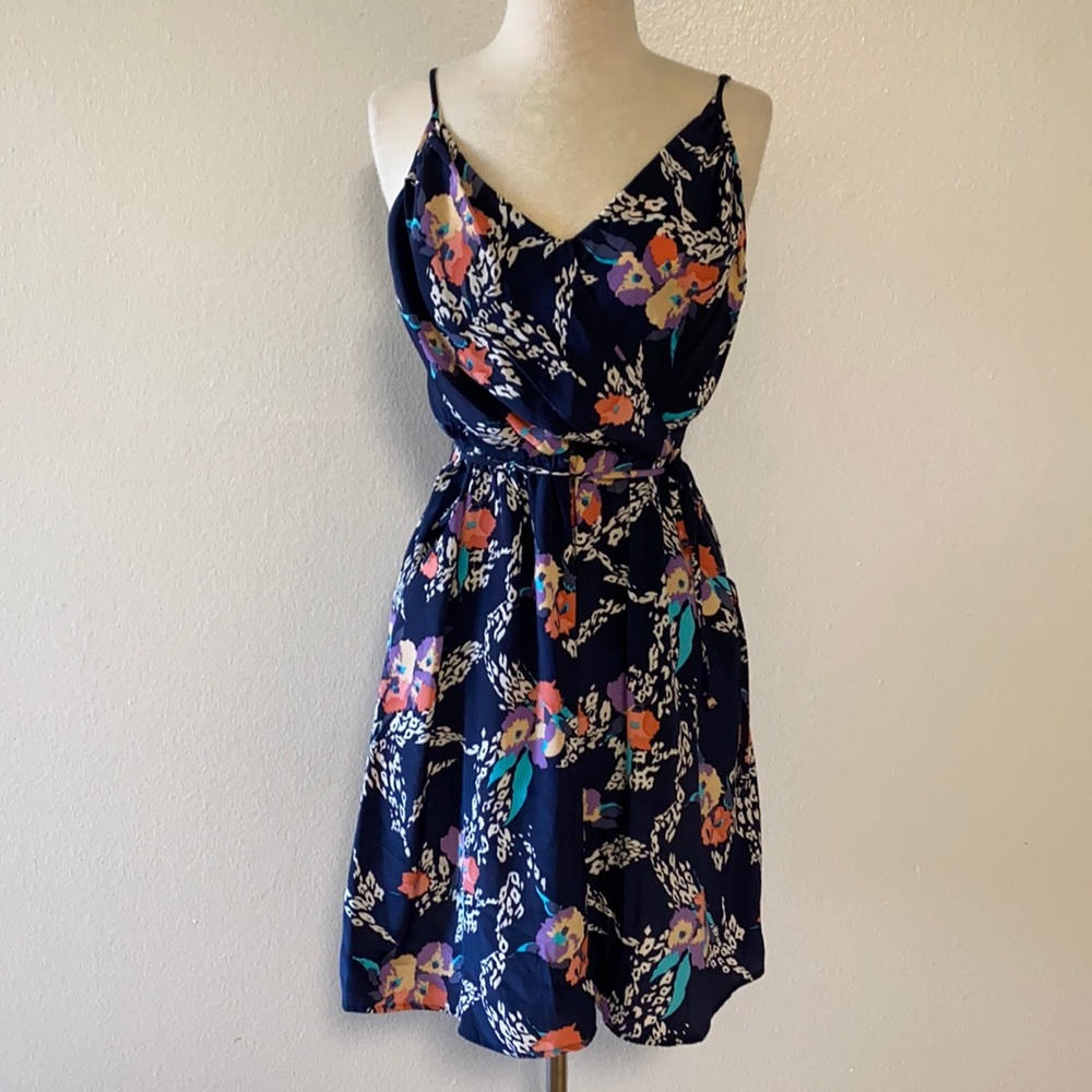 Yumi Kim Silk Floral Navy Blue Mini Summer Dress L